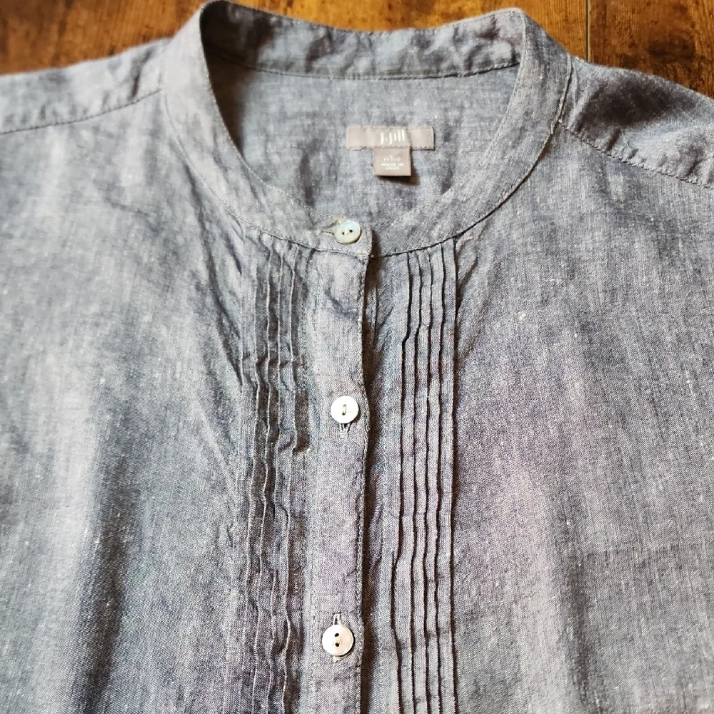 J. JILL | Linen‎ Blend Blue Gray Button-Down Tunic Dress Duster | L Petite